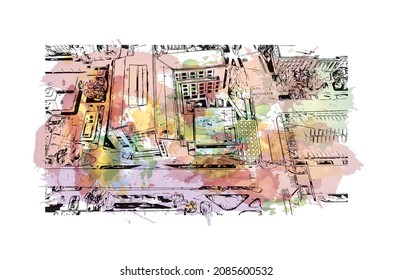 Building view with landmark of Lincoln is the capital city in Nebraska. watercolour splash with hand drawn sketch illustration in vector.