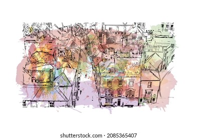 Building view with landmark of Lincoln is the city 
in Oregon. Watercolor splash with hand drawn sketch illustration in vector.