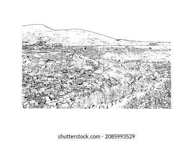 Building view with landmark of Lindos is the 
village in Greece. Hand drawn sketch illustration in vector.