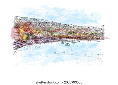 Building view with landmark of Lindos is the 
village in Greece. Watercolor splash with hand drawn sketch illustration in vector.