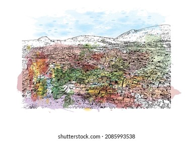 Building view with landmark of Lindos is the 
village in Greece. Watercolor splash with hand drawn sketch illustration in vector.