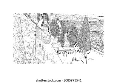 Building view with landmark of Lindos is the 
village in Greece. Hand drawn sketch illustration in vector.