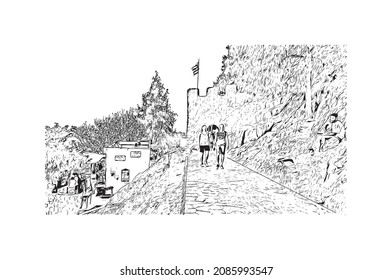 Building view with landmark of Lindos is the 
village in Greece. Hand drawn sketch illustration in vector.