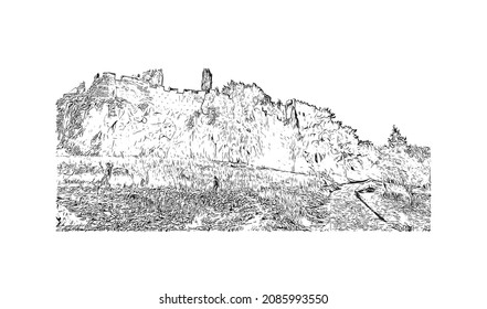 Building view with landmark of Lindos is the 
village in Greece. Hand drawn sketch illustration in vector.