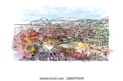 Building view with landmark of Lindos is the 
village in Greece. Watercolor splash with hand drawn sketch illustration in vector.