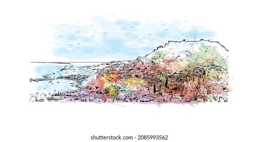 Building view with landmark of Lindos is the 
village in Greece. Watercolor splash with hand drawn sketch illustration in vector.