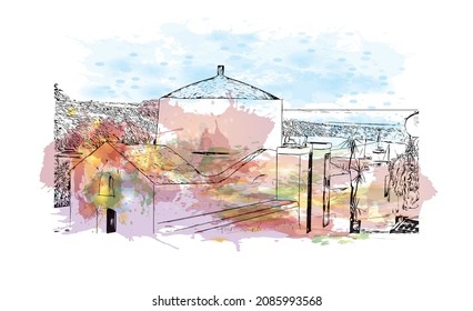 Building view with landmark of Lindos is the 
village in Greece. Watercolor splash with hand drawn sketch illustration in vector.