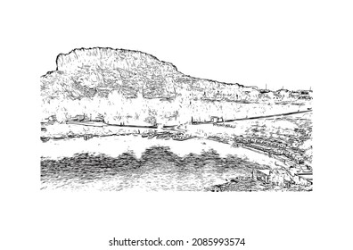 Building view with landmark of Lindos is the 
village in Greece. Hand drawn sketch illustration in vector.