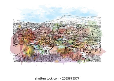 Building view with landmark of Lindos is the 
village in Greece. Watercolor splash with hand drawn sketch illustration in vector.