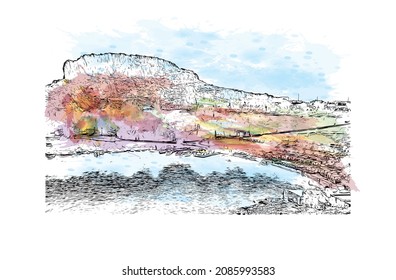 Building view with landmark of Lindos is the 
village in Greece. Watercolor splash with hand drawn sketch illustration in vector.