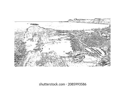 Building view with landmark of Lindos is the 
village in Greece. Hand drawn sketch illustration in vector.