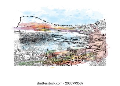 Building view with landmark of Lindos is the 
village in Greece. Watercolor splash with hand drawn sketch illustration in vector.