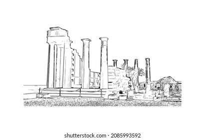 Building view with landmark of Lindos is the 
village in Greece. Hand drawn sketch illustration in vector.