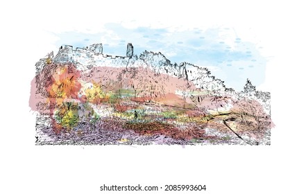 Building view with landmark of Lindos is the 
village in Greece. Watercolor splash with hand drawn sketch illustration in vector.