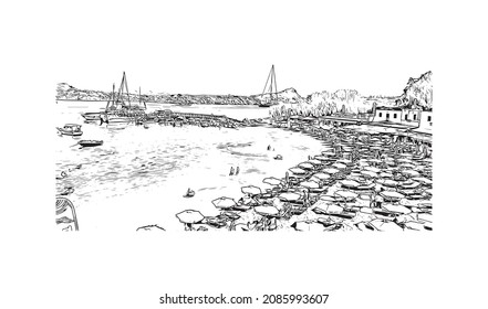 Building view with landmark of Lindos is the 
village in Greece. Hand drawn sketch illustration in vector.