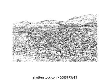 Building view with landmark of Lindos is the 
village in Greece. Hand drawn sketch illustration in vector.