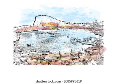 Building view with landmark of Lindos is the 
village in Greece. Watercolor splash with hand drawn sketch illustration in vector.