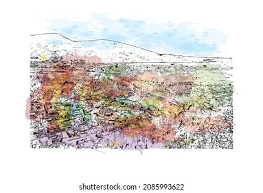 Building view with landmark of Lindos is the 
village in Greece. Watercolor splash with hand drawn sketch illustration in vector.