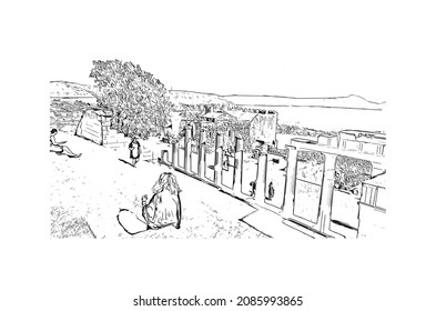 Building view with landmark of Lindos is the 
village in Greece. Hand drawn sketch illustration in vector.