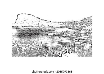 Building view with landmark of Lindos is the 
village in Greece. Hand drawn sketch illustration in vector.