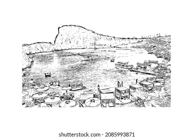 Building view with landmark of Lindos is the 
village in Greece. Hand drawn sketch illustration in vector.