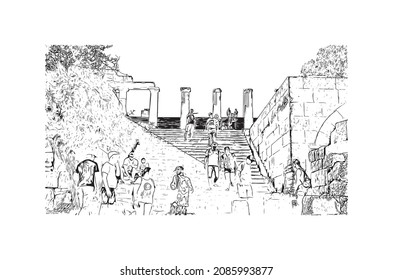 Building view with landmark of Lindos is the 
village in Greece. Hand drawn sketch illustration in vector.