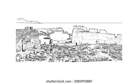 Building view with landmark of Lindos is the 
village in Greece. Hand drawn sketch illustration in vector.