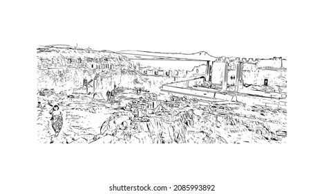 Building view with landmark of Lindos is the 
village in Greece. Hand drawn sketch illustration in vector.