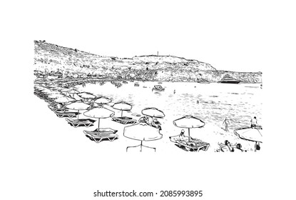 Building view with landmark of Lindos is the 
village in Greece. Hand drawn sketch illustration in vector.