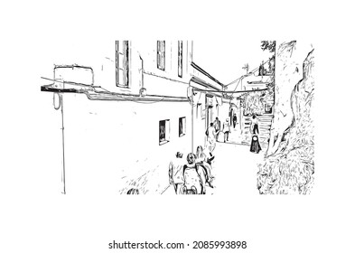 Building view with landmark of Lindos is the 
village in Greece. Hand drawn sketch illustration in vector.