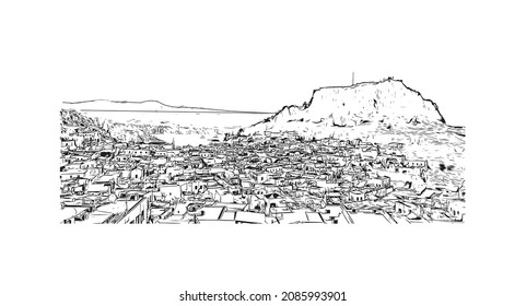 Building view with landmark of Lindos is the 
village in Greece. Hand drawn sketch illustration in vector.