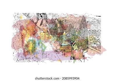 Building view with landmark of Lindos is the 
village in Greece. Watercolor splash with hand drawn sketch illustration in vector.