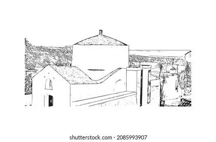 Building view with landmark of Lindos is the 
village in Greece. Hand drawn sketch illustration in vector.