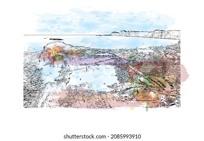 Building view with landmark of Lindos is the 
village in Greece. Watercolor splash with hand drawn sketch illustration in vector.