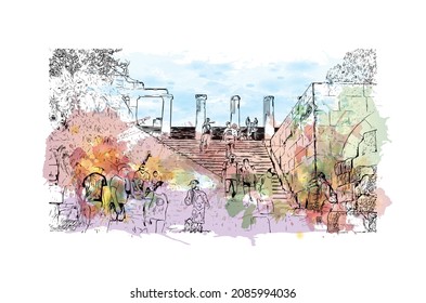 Building view with landmark of Lindos is the 
village in Greece. Watercolor splash with hand drawn sketch illustration in vector.