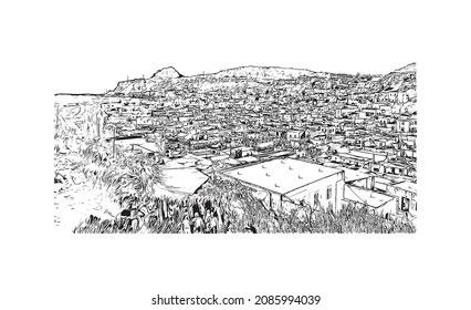 Building view with landmark of Lindos is the 
village in Greece. Hand drawn sketch illustration in vector.