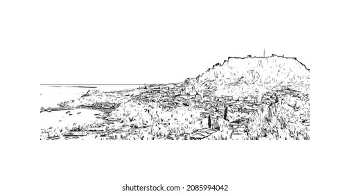 Building view with landmark of Lindos is the 
village in Greece. Hand drawn sketch illustration in vector.