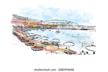 Building view with landmark of Lindos is the 
village in Greece. Watercolor splash with hand drawn sketch illustration in vector.