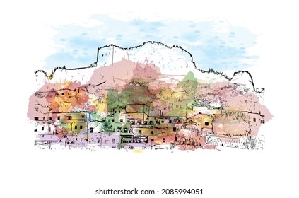 Building view with landmark of Lindos is the 
village in Greece. Watercolor splash with hand drawn sketch illustration in vector.