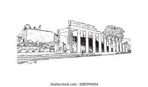 Building view with landmark of Lindos is the 
village in Greece. Hand drawn sketch illustration in vector.