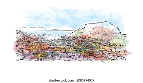 Building view with landmark of Lindos is the 
village in Greece. Watercolor splash with hand drawn sketch illustration in vector.