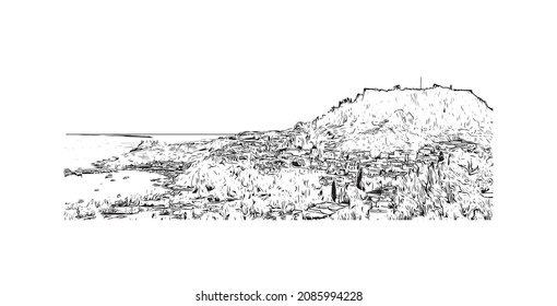 Building view with landmark of Lindos is the 
village in Greece. Hand drawn sketch illustration in vector.