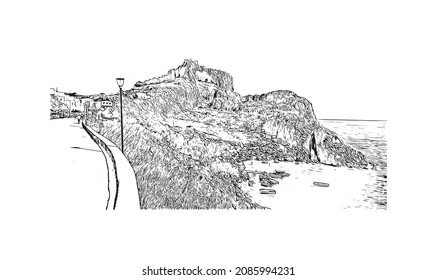 Building view with landmark of Lindos is the 
village in Greece. Hand drawn sketch illustration in vector.