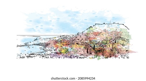 Building view with landmark of Lindos is the 
village in Greece. Watercolor splash with hand drawn sketch illustration in vector.