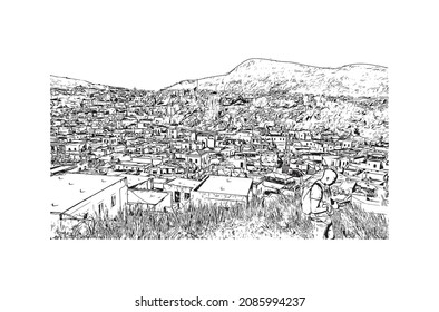 Building view with landmark of Lindos is the 
village in Greece. Hand drawn sketch illustration in vector.