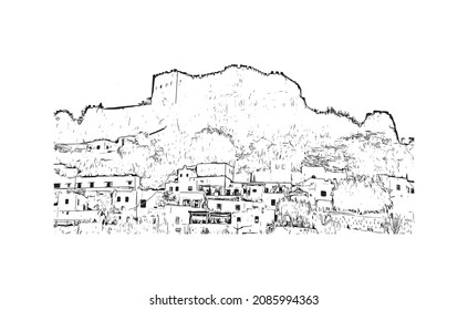 Building view with landmark of Lindos is the 
village in Greece. Hand drawn sketch illustration in vector.