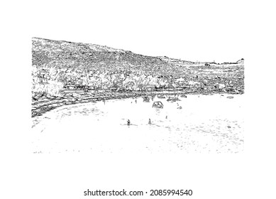 Building view with landmark of Lindos is the 
village in Greece. Hand drawn sketch illustration in vector.