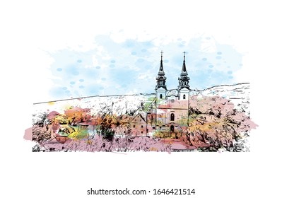 Building view with landmark of Linz is a city in Upper Austria, straddling the Danube River midway between Salzburg and Vienna. Watercolor splash with Han drawn sketch illustration in vector.