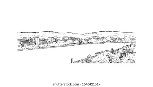 Building view with landmark of Linz is a city in Upper Austria, straddling the Danube River midway between Salzburg and Vienna. Han drawn sketch illustration in vector.