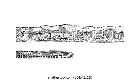 Building view with landmark of Linz is a city in Upper Austria, straddling the Danube River midway between Salzburg and Vienna. Han drawn sketch illustration in vector.